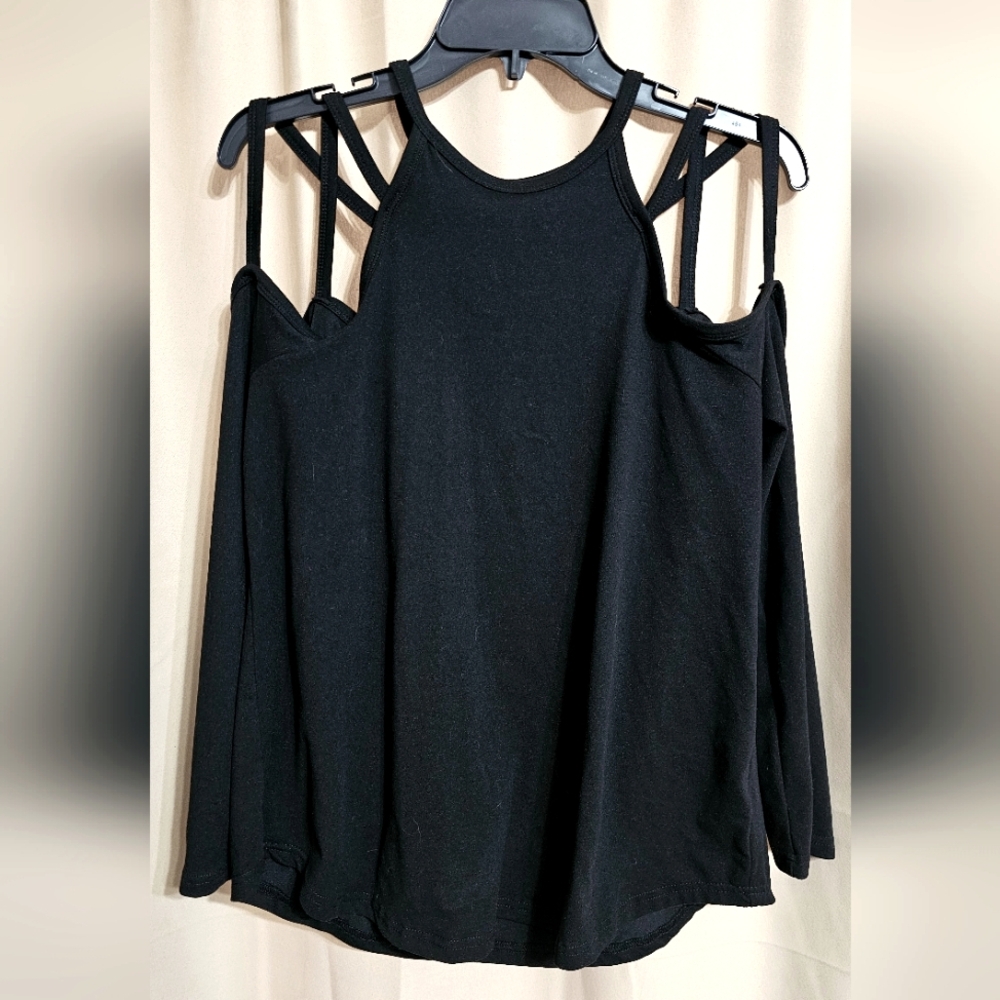 Elegant Black Cold Shoulder Stappy Long Sleeve Blouse